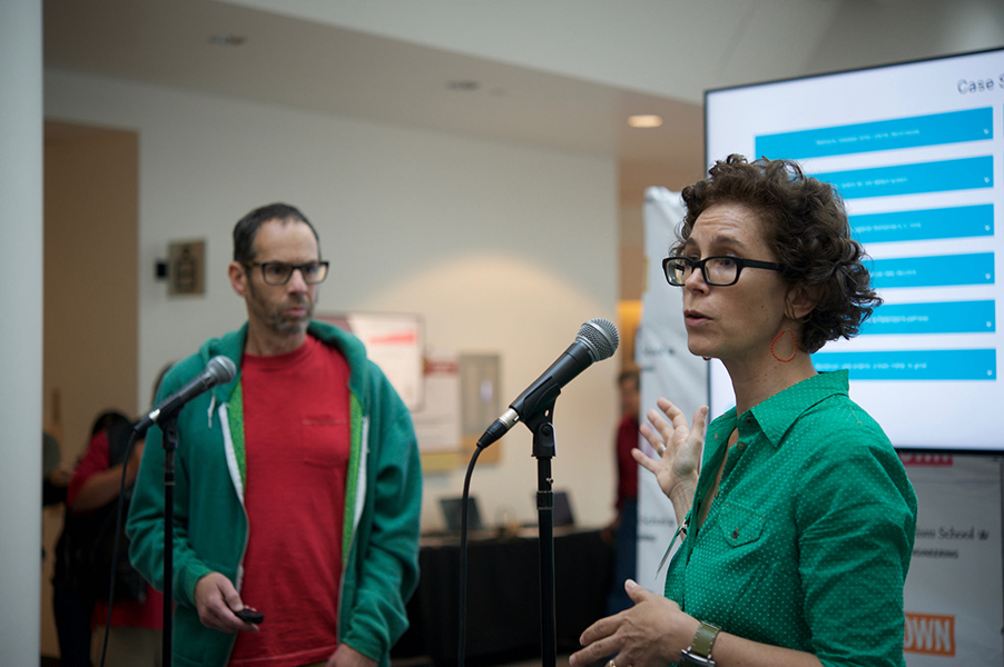 Prof. Marguerite Holloway and Prof. Dan Jurafsky presenting the Science Surveyor project