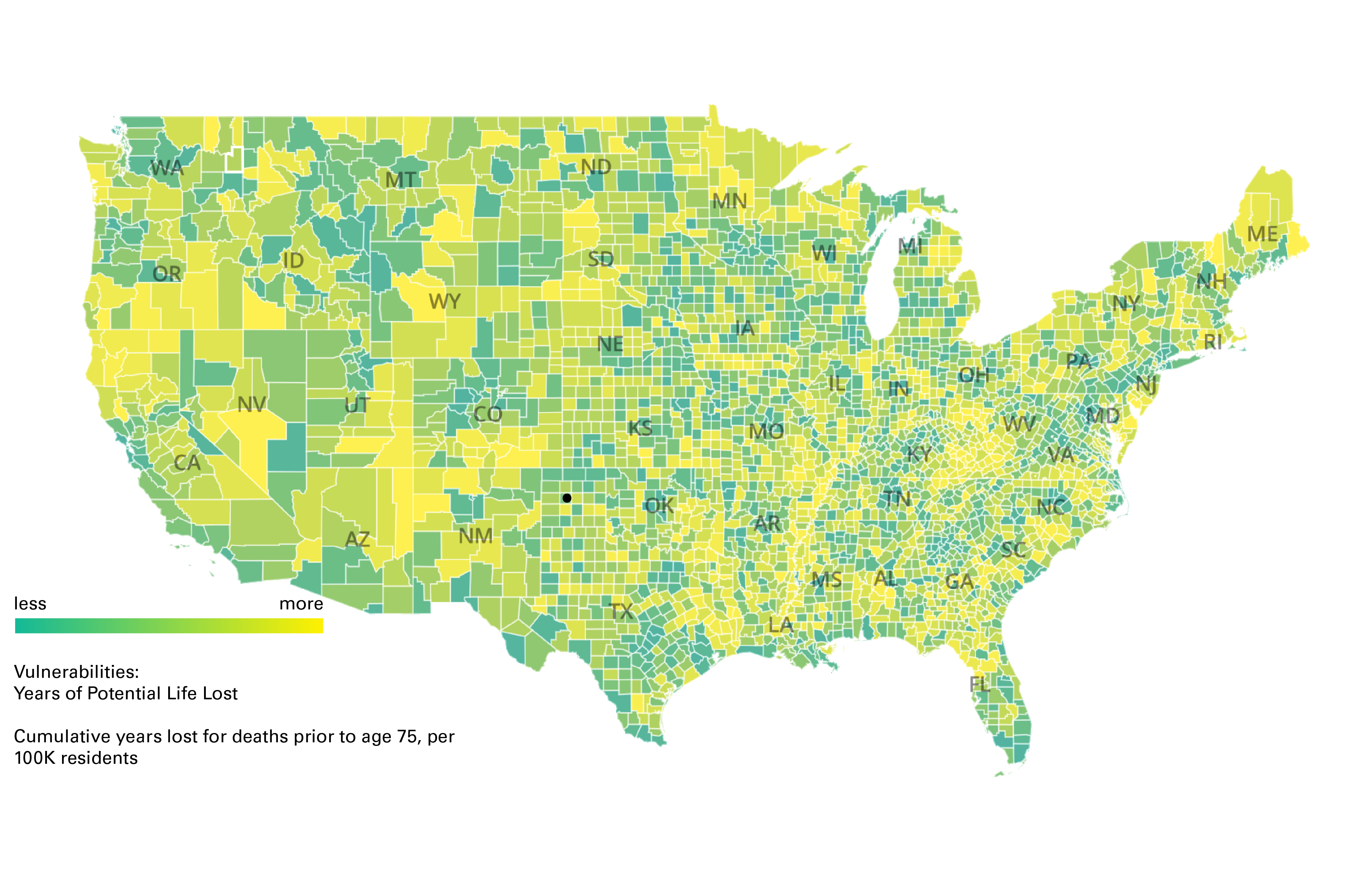One of seven vulnerability metrics mapped: Years of Potential Life Lost by county, percentile ranked by state