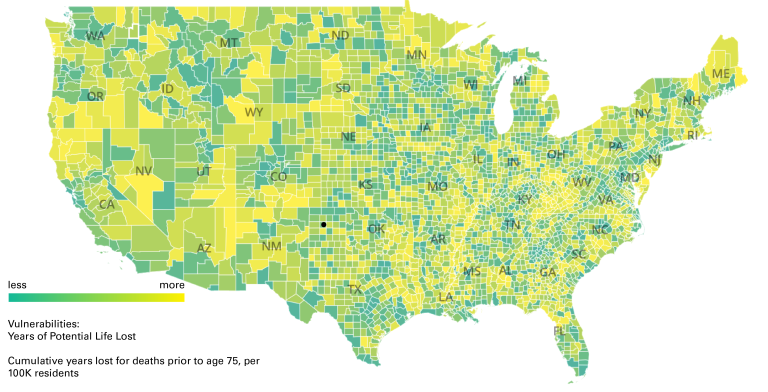 One of seven vulnerability metrics mapped: Years of Potential Life Lost by county, percentile ranked by state