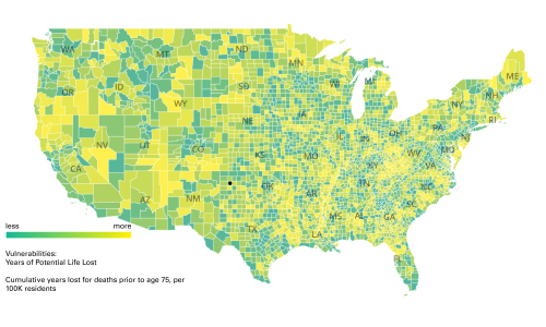 One of seven vulnerability metrics mapped: Years of Potential Life Lost by county, percentile ranked by state